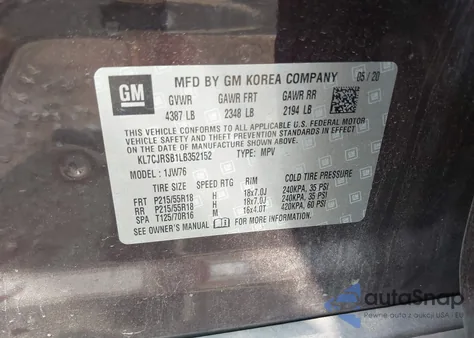 2020 Chevrolet Trax Awd Premier z USA, uszkodzony, nr VIN KL7CJRSB1LB352152